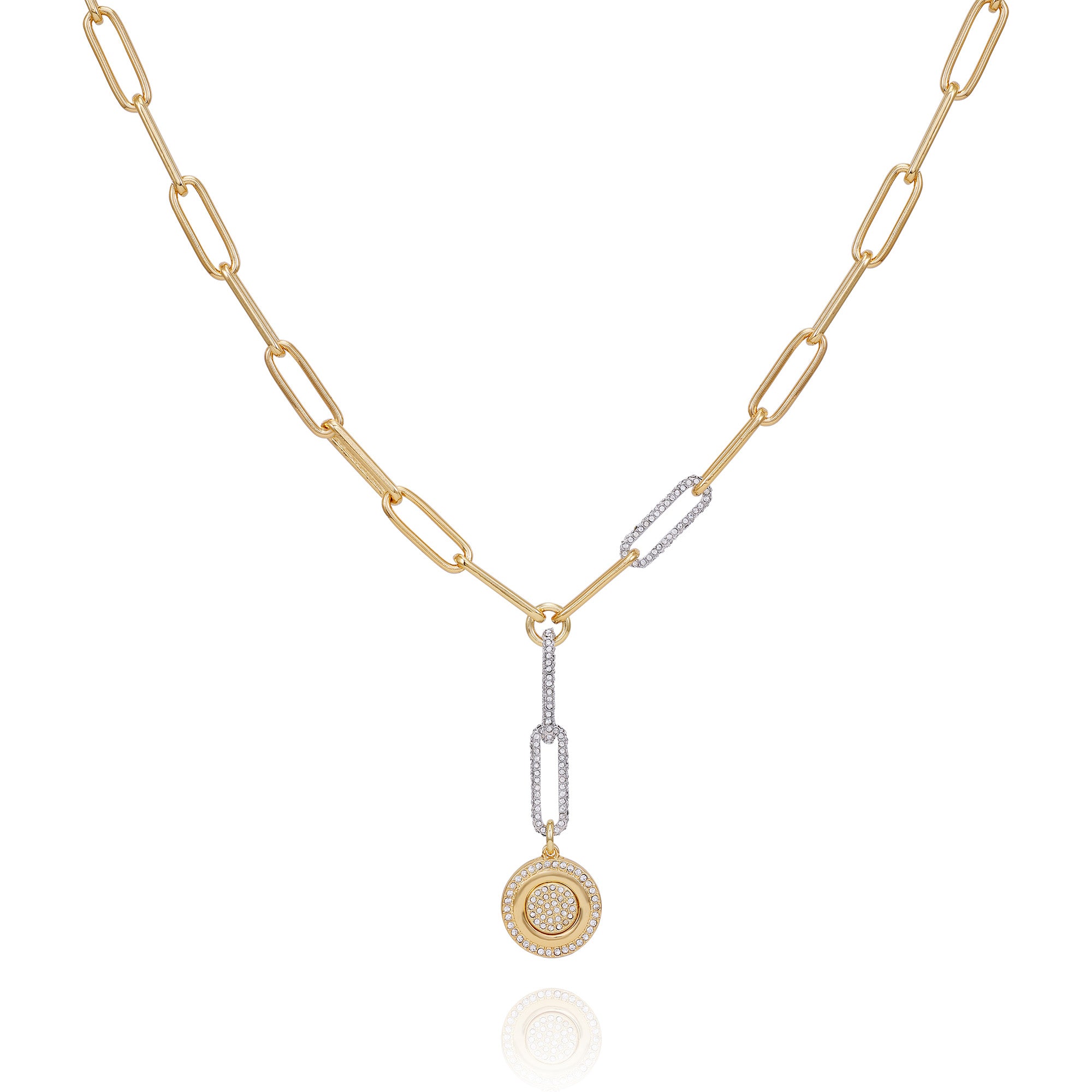 Two Tone Coin Pendant Y Necklace with Glass Stones | Elegant Jewelry